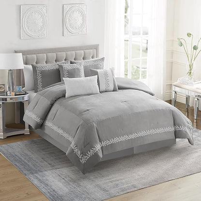 Queen Comforter Set 7-Piece Embroidered Faux Suede Bedding – Soft, Elegant & Complete Bedding Set with 1 Comforter, 2 Pillow Shams, 1 Bed Skirt, and 3 Decorative Throw Pillows, Queen, Gray
