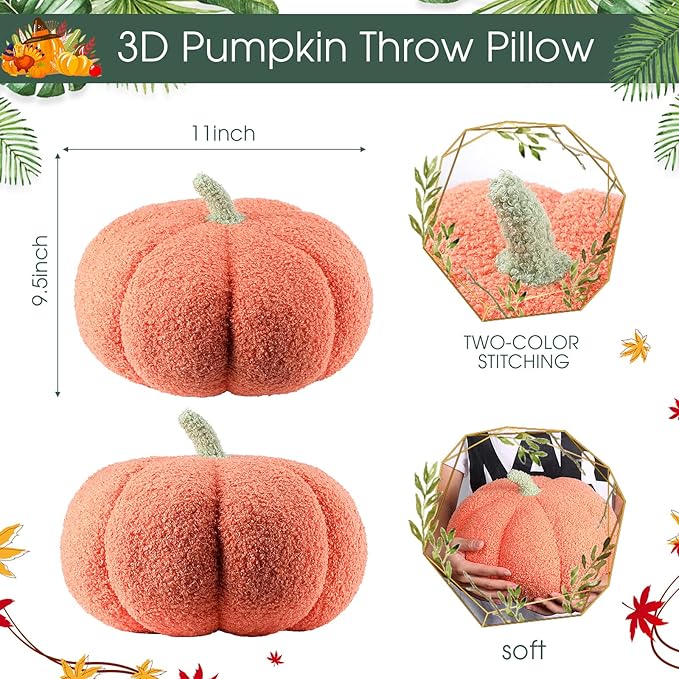 Queekay 2 Pcs Pumpkin Pillow Plush 11 x 9.5 Inch Thanksgiving Stuffed Pumpkin Decor for Fall Home Bedroom Throw Pillow Cushion Gifts for Holiday Operation Christmas Halloween Car Sofa(Orange)