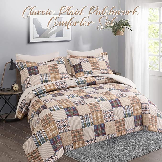 Comforter Set Queen Size Plaid Patchwork Comforter Bedding-7 Piece Bed in a Bag,Soft Fluffy Reversible Microfiber Bedding Set(1 Comforter,1 Flat Sheet,1 Fitted Sheet,2 Pillowcases,2 Pillow Shams)Beige
