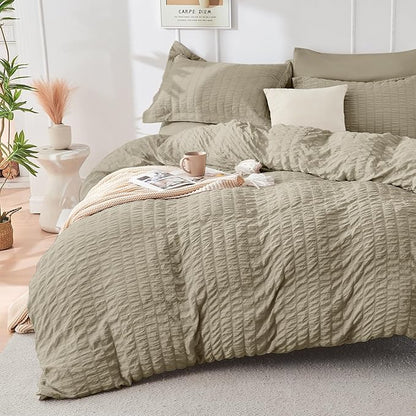 HYMOKEGE Linen Full Size Comforter Sets Seersucker 7 Pieces, All Season Luxury Bed in a Bag for Bedroom, Bedding Set with Comforter, Sheets, Pillowcases & Shams