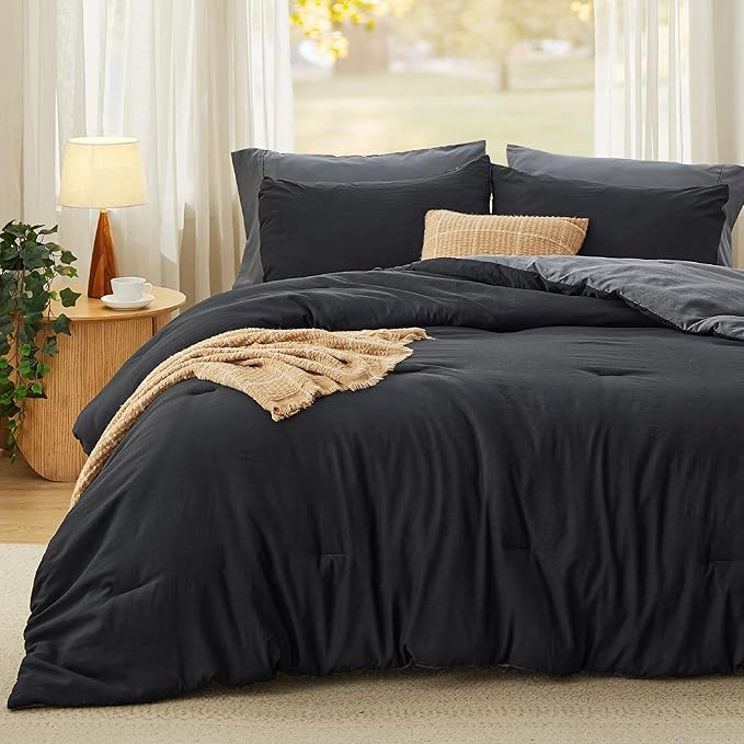 Bedsure California King Comforter Set, Black Grey Soft Prewashed Bedding for All Seasons, 3 Pieces GentleSoft™ Bed Set, 1 Lightweight Comforter (104"x96") and 2 Pillowcases (20"x36")