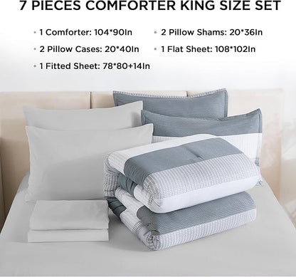 Andency King Size Comforter Set 7 Pieces - Light Grey Striped Lightweight Bed in a Bag, Soft Microfiber Farmhouse All Season Bedding Set with Comforter, Fitted & Flat Sheet, Pillowcases & Shams