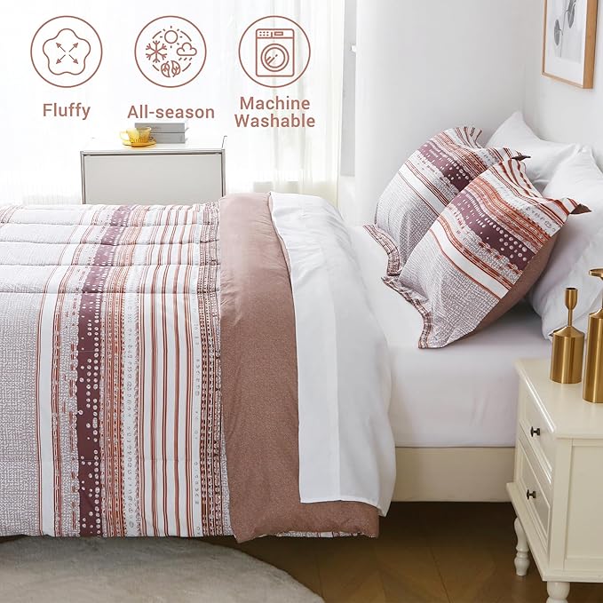 Striped King Comforter Set with Sheets, 7 Piece Luxury Vintage Bedding, Soft Microfiber Bed in a Bag, Cozy Lightweight Bed Set, Chocolate Brown Striped