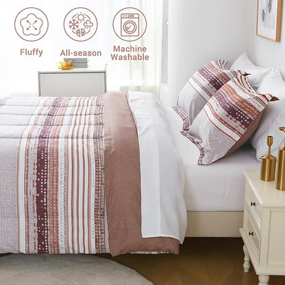 Striped King Comforter Set with Sheets, 7 Piece Luxury Vintage Bedding, Soft Microfiber Bed in a Bag, Cozy Lightweight Bed Set, Chocolate Brown Striped
