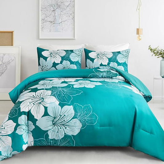 Menghomeus California King Comforter Set Gradient Teal Bedding Floral Comforter Sets Soft Microfiber Bed Comforter Set for All Season,3 Piece Botanical Flowers Comforter,Pillowcases