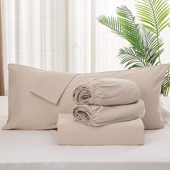 Simple&Opulence Belgian Linen Sheet Set Solid Color - 5 Pieces (1 Flat Sheet, 2 Fitted Sheets & 2 Pillowcases) Natural Flax Cotton Blend Soft Breathable Farmhouse Bedding - Split King Size, Linen