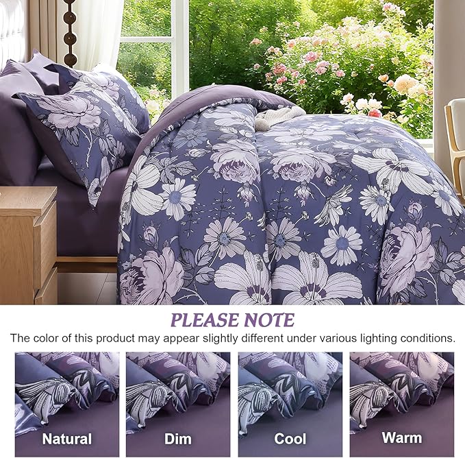 Luxudecor King Comforter Set 7 Pieces Bedding Sets,Grayish Purple Floral Comforter and Sheet Set,Soft Microfiber Bed in a Bag for All Seasons (Grayish Purple,104"x90")