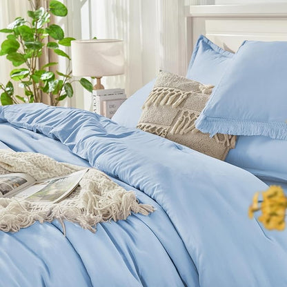 Andency Queen Comforter Set with Sheets Light Blue - 7 Pieces Boho Tassel Bed in a Bag Soft Lightweight Bedding Sets, Fringe Bed Set with Comforter, Sheets, Pillowcases & Shams