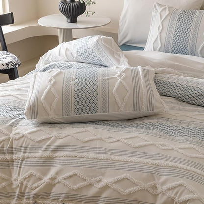 CLOTHKNOW White Blue Bohemian Comforter Set Twin Clipped Jacquard Farmhouse Bedding Comforter Sets Jacquard Stripes Comforter Soft Fluffy