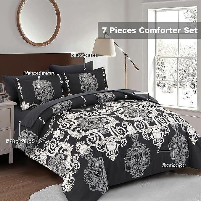Mybedsoul Queen Comforter Set, 7 Pieces Boho Bed in a Bag for Queen Bed, Black Damask Comforter Set with Sheets, Pillowcases & Shams, Soft Microfiber Lightweight Bedding Sets for All Season(90"x90")