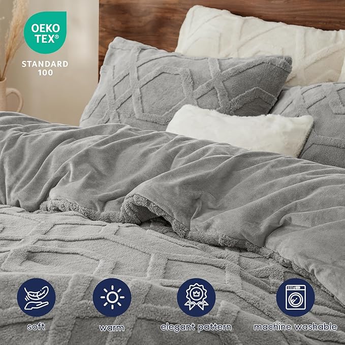 PHF Warm Sherpa Fleece Queen Comforter Set, 3D Tufted Fluffy Grey Bedding for Winter, Soft 3 Pieces Shaggy Bed Set, 1 Comforter (90"x90") and 2 Pillowcases (20"x26")