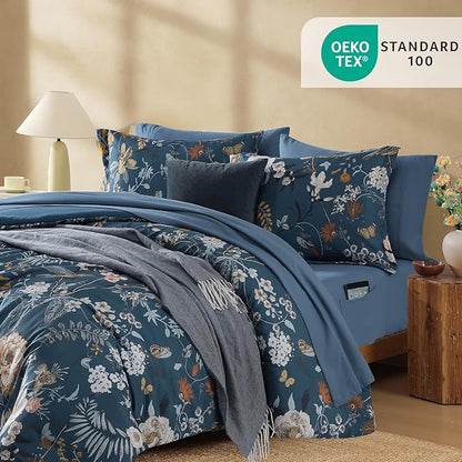 CASAAGUSTO Full Size Comforter Sets - 7 Pieces Blue Floral Bedding Sets, Bed in a Bag Full with Botanical Butterfly Comforter, Sheets, Pillowcases & Shams for All Seasons