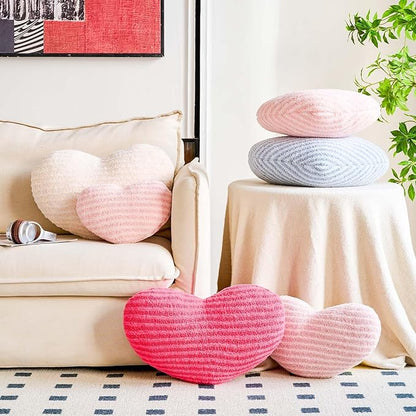 Dusty Pink Heart Pillows, 12.9" Cute Heart Decorative Pillow, Stripe Heart Shaped Plush Throw Pillows for Bed