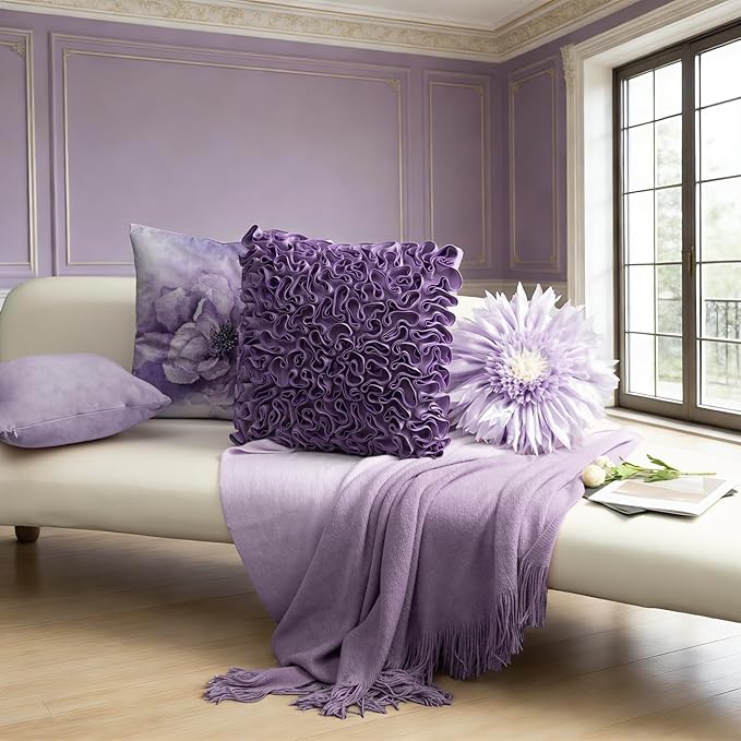 Decorative 3D Round Flower Pillow Handmade Daisy Floral Throw Pillow with Insert Cute Satin Accent Cushion for Sofa Bed Couch Living Room Brdroom Boho Home Decor 14 Inch Lavender Purple