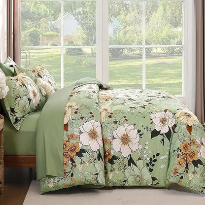 Xruibed Floral Comforter Set Queen Size 7 Pieces, Sage Green Bed in a Bag Flower Boho Comforter Set with Sheet, Pillowcases, Pillowshams, Soft Microfiber Bedding Set for All Season (Queen 90''x90'')