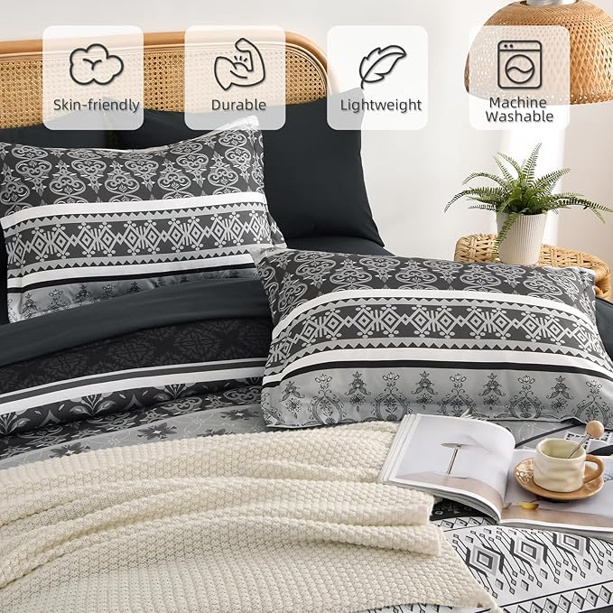 Boho Comforter Set Queen Size,7 Pieces Bohemian Comforter Bedding Set Bed in a Bag,Dark Grey Paisley Floral Comfortet and Sheet Set,Soft Gray Striped Bedding Sets for All Season
