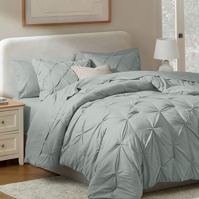 Nestl 7 Piece Comforter Set - Pinch Pleated Bedding - Sage Green, All Season Full Size Bed Set with Sheets, Comforter, Pillowcases and Shams