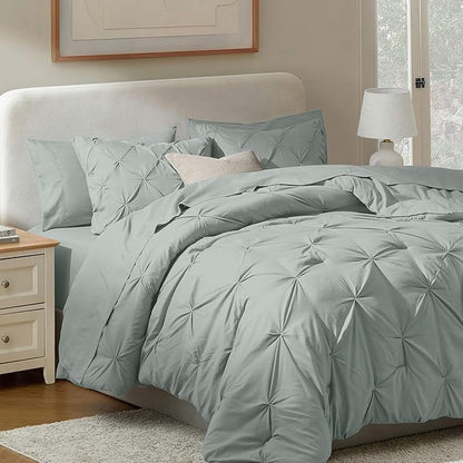 Nestl Queen Comforter Set 7 Piece - Pinch Pleated Comforters Queen Size Sage Green, Bed in a Bag Queen All Season, Queen Size Comforter Set Bedding with Flat Sheet, Fitted Sheet, Pillowcases and Shams