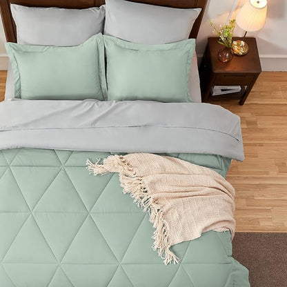 BEDELITE Queen Comforter Set 7 Pieces Bed in A Bag - Soft Microfiber Reversible Sage Green Bed Set with Comforters, Sheets, Pillowcases & Shams, Cozy Luxury Bedding Sets for All Season