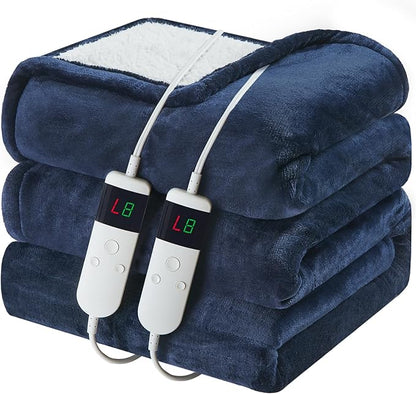 Electric Heated Blanket Queen Size 84''x90'' Soft Flannel & Sherpa Electric Blanket with 10 Heating Levels, Automatically Shut Down After 8h with Overheat Protection Machine Washable