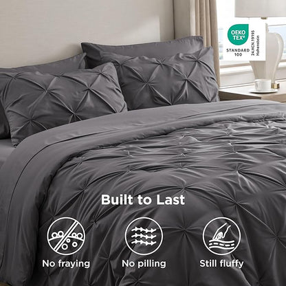 Bedsure Twin Comforter Set Dark Grey - Bed in a Bag Twin Size Bedding 5 Pieces, GentleSoft™ Pintuck Bed Set Gift for Family, Pinch Pleat Dark Grey Comforter with Sheets, Pillowcase & Sham