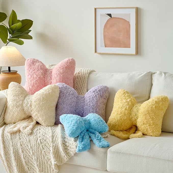 Bow Pillow, Decorative Bow Pillows with Soft Plush for Couch Bed, Bow Shaped Throw Pillow Room Decor for Bedroom, Bow Decorative Pillow for Living Room (Beige, Small-12 Inches)
