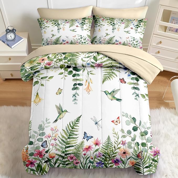 Nesker 7 Pcs Spring Comforter Set King Size, Floral Hummingbird Butterfly Bedding Set for Kids and Adults, Fern Botanical Nature Bed Sheet Sets with Fitted Sheet 2 Pillowcases & 2 Shams