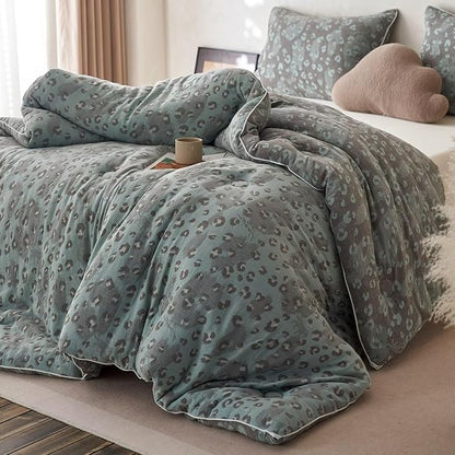 MKXI Double Layer Muslin Cotton Comforter Set King Size Leopard Print Shabby Chic Bedding Comforter Set Soft Breathable Grey and Green Floral Animal Cheetah Lightweight Bed Comforter for All Season