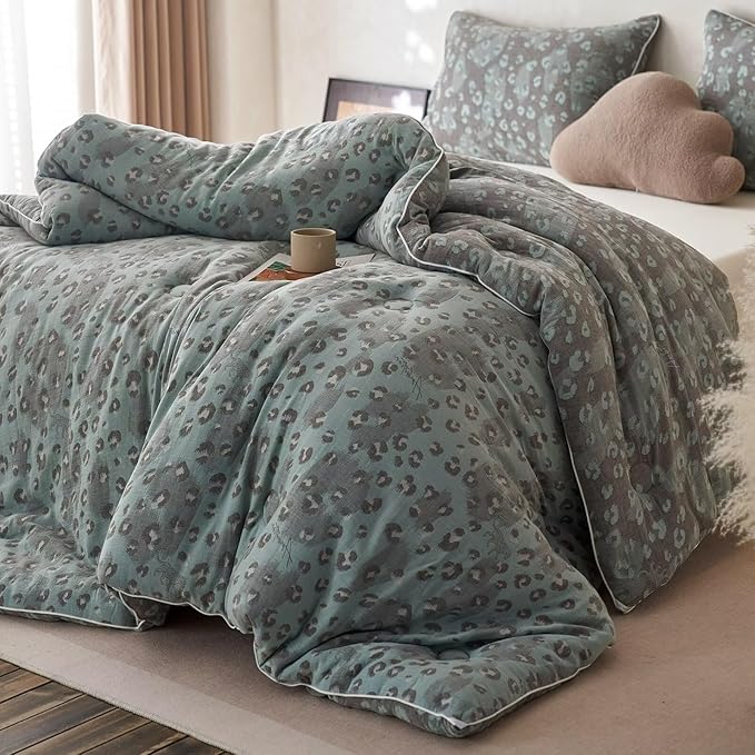MKXI Double Layer Muslin Cotton Comforter Set Full Size Leopard Print Shabby Chic Bedding Comforter Set Soft Breathable Grey and Green Floral Animal Cheetah Lightweight Bed Comforter for All Season
