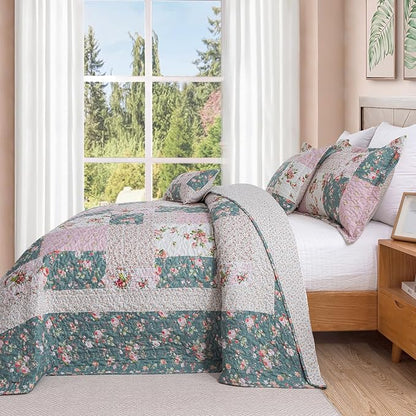 BEDIFANY French Style Queen Size Quilt Set for Farmhouse - 3 Pieces Cotton Filling Garden Lightweight Bedspreads Queen with Floral Pattern - All Season Quilt Bedding Sets for Decorations