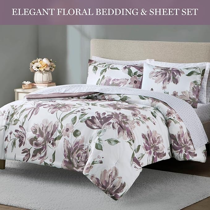 Madison Park King Comforter Set with Sheets, Floral Print, Microfiber Comforter, Shabby Chic Bed in a Bag Set Diamond Printed Sheet, Alice, King Mauve 7 Piece
