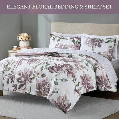 Madison Park Queen Comforter Set with Sheets, Floral Print, Microfiber Comforter for a Queen-Size Bed, Shabby Chic Bed in a Bag Set Diamond Printed Sheet, Alice, Queen Mauve 7 Piece