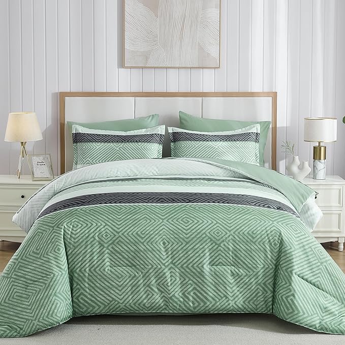 Drucon Sage Green Comforter Set Queen Size 7 Piece Bed in a Bag Boho Striped Bedding Set Soft Microfiber Comforter and Sheet Set for All Season (Queen, 90"x90")