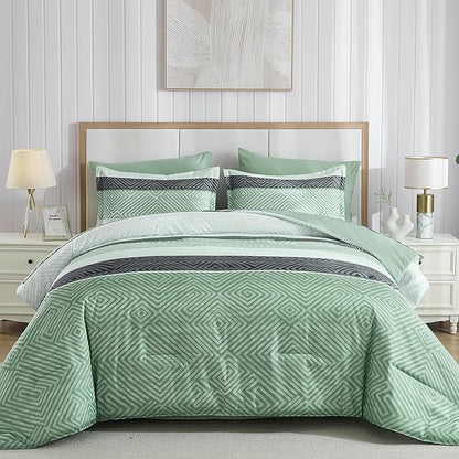Drucon Sage Green Comforter Set Queen Size 7 Piece Bed in a Bag Boho Striped Bedding Set Soft Microfiber Comforter and Sheet Set for All Season (Queen, 90"x90")