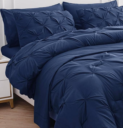 LANE LINEN Full Size Comforter Set - 7 Pc - Pintuck Bed in a Bag Down Alternative Full - Contains Comforter, Sheets, Pillowcases & Shams - Soft Touch, Durable Easy Care, Machine Washable – Navy Blue | Down alt comfort, Soft sleep surface, Durable daily...