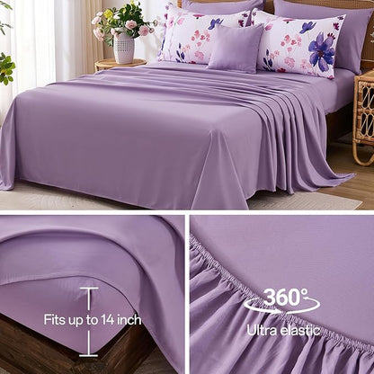 Annibedding Purple Queen Comforter Set, 8 Pieces Soft Microfiber Floral Bed in a Bag Comforter Bedding Set with Pillowcase and Sheets for All Season(90"x90")