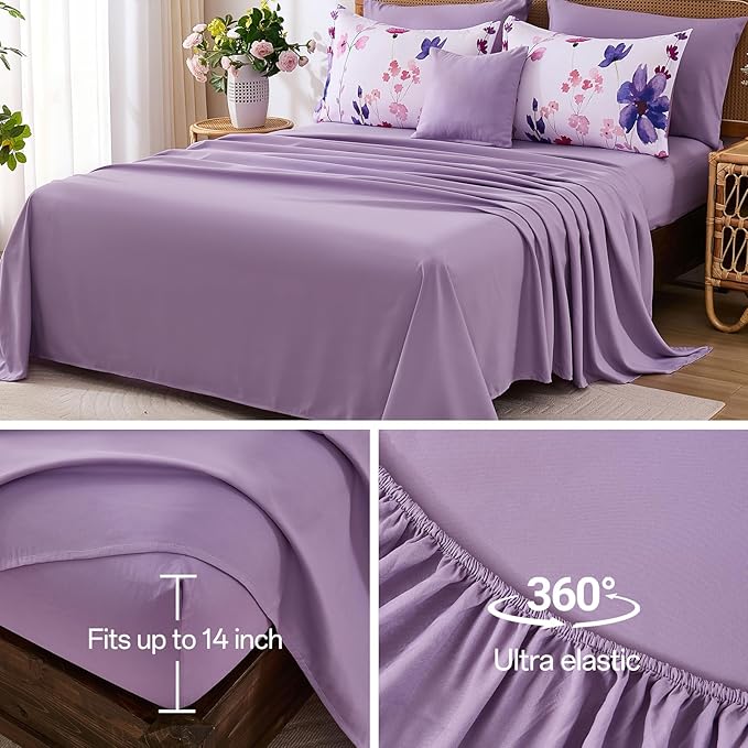 Annibedding Purple King Size Comforter Set, 8 Pieces Soft Microfiber Floral Bed in a Bag Comforter Bed Set with Pillowcase and Sheets for All Season(90"x104")