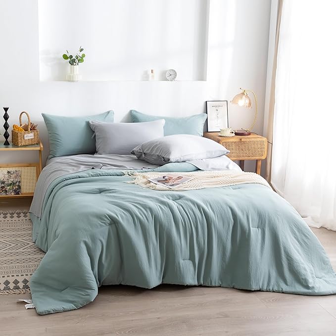 COTTEBED Ultra-Soft Twin Comforter Set with Sheets - 5 Pieces Bed in a Bag Twin Down Comforter & Bedding Sheet Sets, Lightweight Boho Cozy Washed PolyCotton for Kids Boy Girl All Season Use,Sage Green
