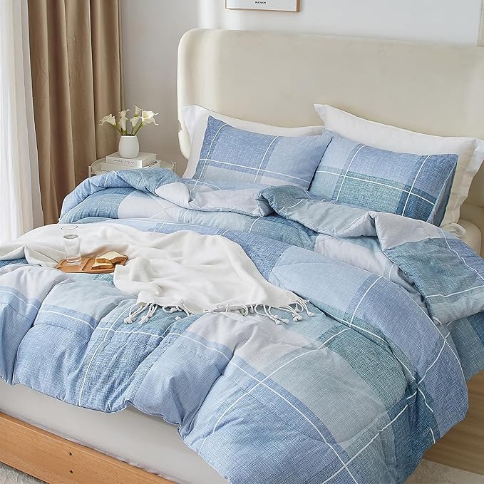 mixinni King Comforter Set 3 Piece Modern Buffalo Checkered Lightweight Comforter Geometric Plaid Pattern Blue Bedding Set for Women and Men-King Size