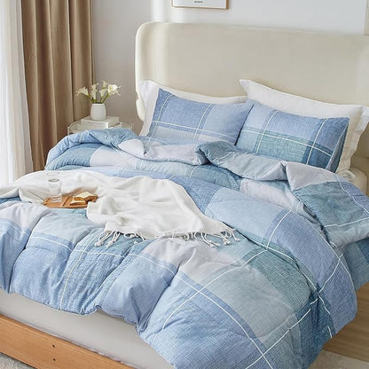 mixinni Blue Gingham Comforter Set Queen, Plaid Comforter Set 3 Pieces 1 Blue Grid Comfoter with 2 Pillow Cases for All Seasons, Soft Fluffy Modern Grid Pattern Printed Bedding-Queen Size