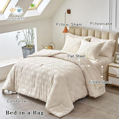 7 Pieces Tufted Bed in a Bag King Comforter Set with Sheets Beige, Soft and Embroidery Shabby Chic Boho Bohemian, Luxury Solid Color with Diamond Pattern, Jacquard Tufts Bedding Set for All Season