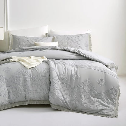 Boho King Size Comforter Set Grey 3 Pieces Tufted Tassel King Comforter Set Prime Lightweight Down Comforter King Size Gray Farmhouse Boho Bedding Shabby Chic Fluffy Comforter Bed Set Gift Choice