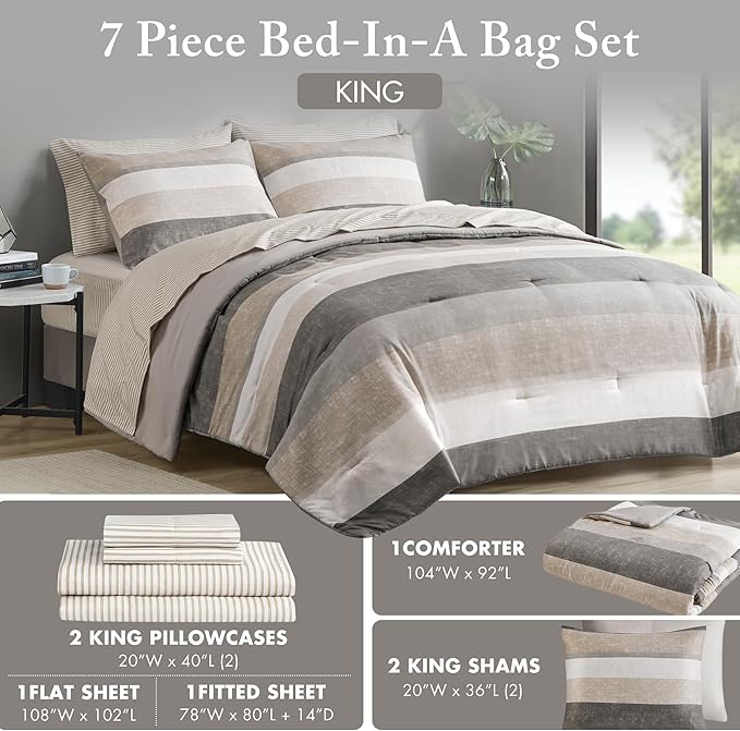 Madison Park Essentials King Comforter Set, Bed in A Bag Comforter & Sheet Set, Modern Casual Stripes Print, All Seasons, Soft Microfiber Bedding Makeover, Matching Shams, King Taupe/Grey 7 Piece