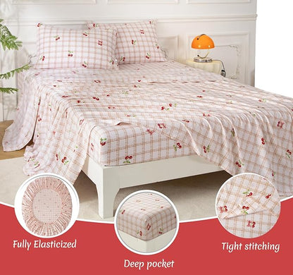 SDY 7PCS Pink Cherry Plaid Comforter and Sheet Set Queen Size, Super Cute Soft Microfiber Gingam Bedding Set for Kids with 1*Comforter,1* Flat Sheet, 1*Fitted Sheet.2*Pillowcases and PillowcaseShams