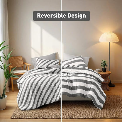 Reversible Striped Queen Comforter Set, Soft Microfiber Bedding Set with Double-Sided Stripes Design, Warm & Cozy for All-Seasons, 3-Piece Comforter and Shams Set Queen Size, Charcoal