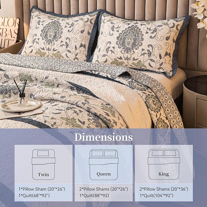 Bohemian Queen Size Quilt Comforter Sets 3 Pieces Quilts (1 Quilt, 2 Pillow Shams) Nordic Bedding Set Printed Coverlet with Pillowcase Lightweight Bedspread Set for All Seasons(Dark Blue)
