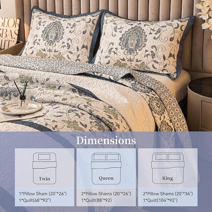 Bohemian Queen Size Quilt Comforter Sets 3 Pieces Quilts (1 Quilt, 2 Pillow Shams) Nordic Bedding Set Printed Coverlet with Pillowcase Lightweight Bedspread Set for All Seasons(Dark Blue)