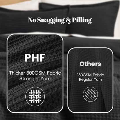 PHF Soft Waffle Comforter Set King Size- Comfy Breathable Waffle Weave Comforter with 2 Pillow Shams, 3 Pieces Less Snagging Lightweight Textured Bedding Set for All Season, Black