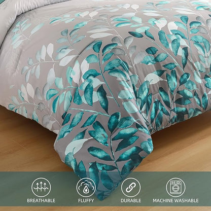 Anibedding 7 Pieces Teal Green King Bed in a Bag Set, Green Botanical Gradient Leaves Ultra Soft Microfiber Down Alternative Bedding Set with Sheets and Bedroom for All Season