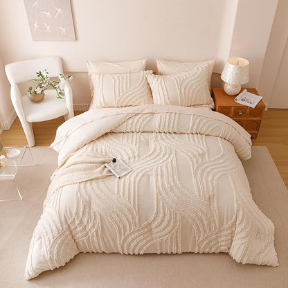 Beige Twin Comforter Set - 7 Pieces Bed in a Bag, Premium Comforters Twin Size Bed Set Tufted Shabby Chic Bedding Comforter Set with Flat Sheet, Fitted Sheet and Pillowcases,Beige